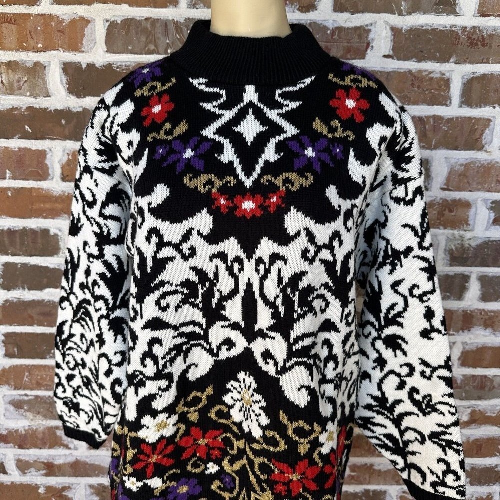 VTG 1980s Trimmings Sweater Women's Small Floral Multi Mock Neck Oversized EUC - Picture 4 of 12